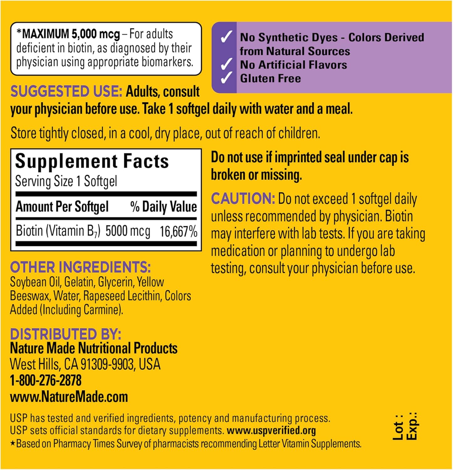 Nature Made Maximum Strength Biotin 5000 mcg, Dietary Supplement may help support Healthy Hair, Skin & Nails, 120 Softgels : Health & Household