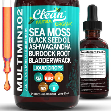 Clean Nutraceuticals Sea Moss Liquid Drops Supplement With Black Seed Oil Ashwagandha Burdock Root & Bladderwrack - Multimineral Organic Non-Gmo Vegan For Gut Heath Skin Immune Support Hair