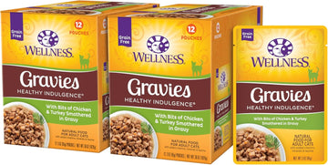 Wellness Healthy Indulgence Gravies Grain-Free Wet Cat Food, Made With Natural Ingredients And Quality Proteins, Complete And Balanced Meal, 3 Oz Pouches (Chicken & Turkey In Gravy, 24 Pack)