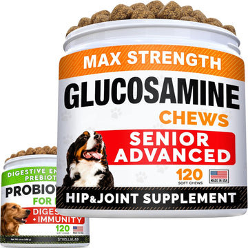 Senior Advanced Glucosamine Joint Supplement + Probiotics For Picky Eaters Bundle - Hip & Joint Pain Relief + Allergy, Diarrhea - Digestive Enzymes, Prebiotics + Omega-3, Chondroitin, Msm - 240 Chews