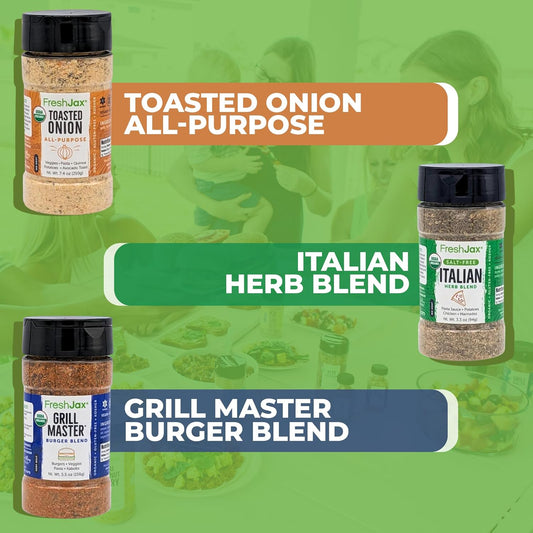 FreshJax Organic Vegetable Seasoning Gift Set | 3 Large Bottles | Grill Master Burger Blend, Italian Herb Blend, Toasted Onion All Purpose | Handcrafted in Jacksonville