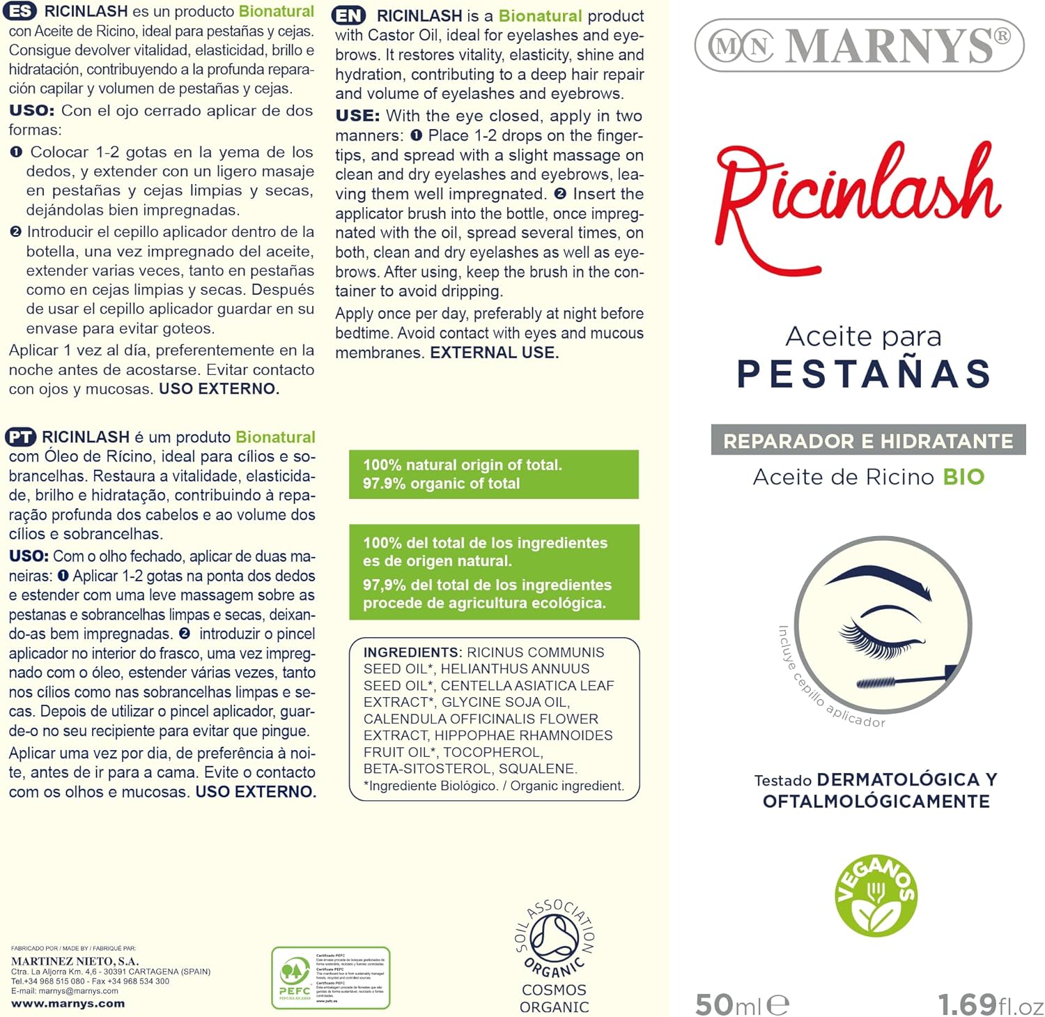 Organic Castor Oil For Eyelashes, Ricin Lasch, Volume To Eyelashes And Eyebrows, 100% Natural Ingredients, 50 Ml