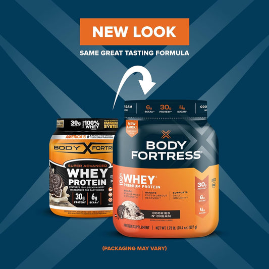 Body Fortress 100% Whey, Premium Protein Powder, Cookies N' Cream, 1.78lbs (Packaging May Vary)