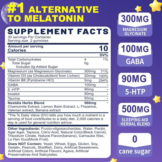 Melatonin Free Sleep Gummies, With Magnesium Glycinate, Gaba, 5-Htp, L-Theanine, Valerian, Chamomile, Lemon Balm, Vitamin D3 & B6 - Hormone & Drug- Free, Non-Habit Forming,Sugar Free