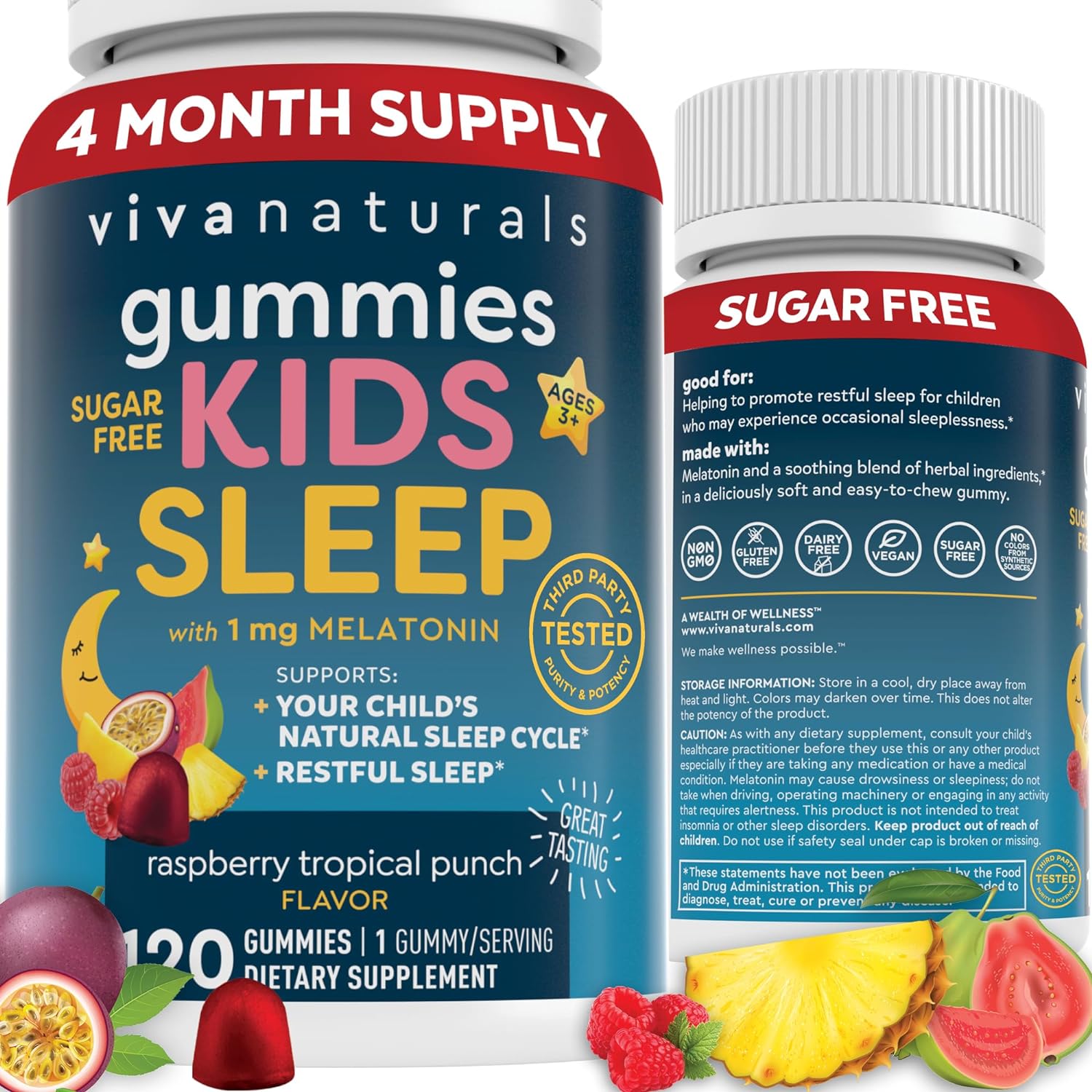 Kids Sleep Gummies with Melatonin 1 mg - Vegan, Gluten and Sugar-Free Chewable Sleep Support Gummy for Children Ages 3+ - for Calming & Occasional Restlessness - 120 Count - Raspberry Tropical Punch