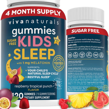 Kids Sleep Gummies with Melatonin 1 mg - Vegan, Gluten and Sugar-Free Chewable Sleep Support Gummy for Children Ages 3+ - for Calming & Occasional Restlessness - 120 Count - Raspberry Tropical Punch