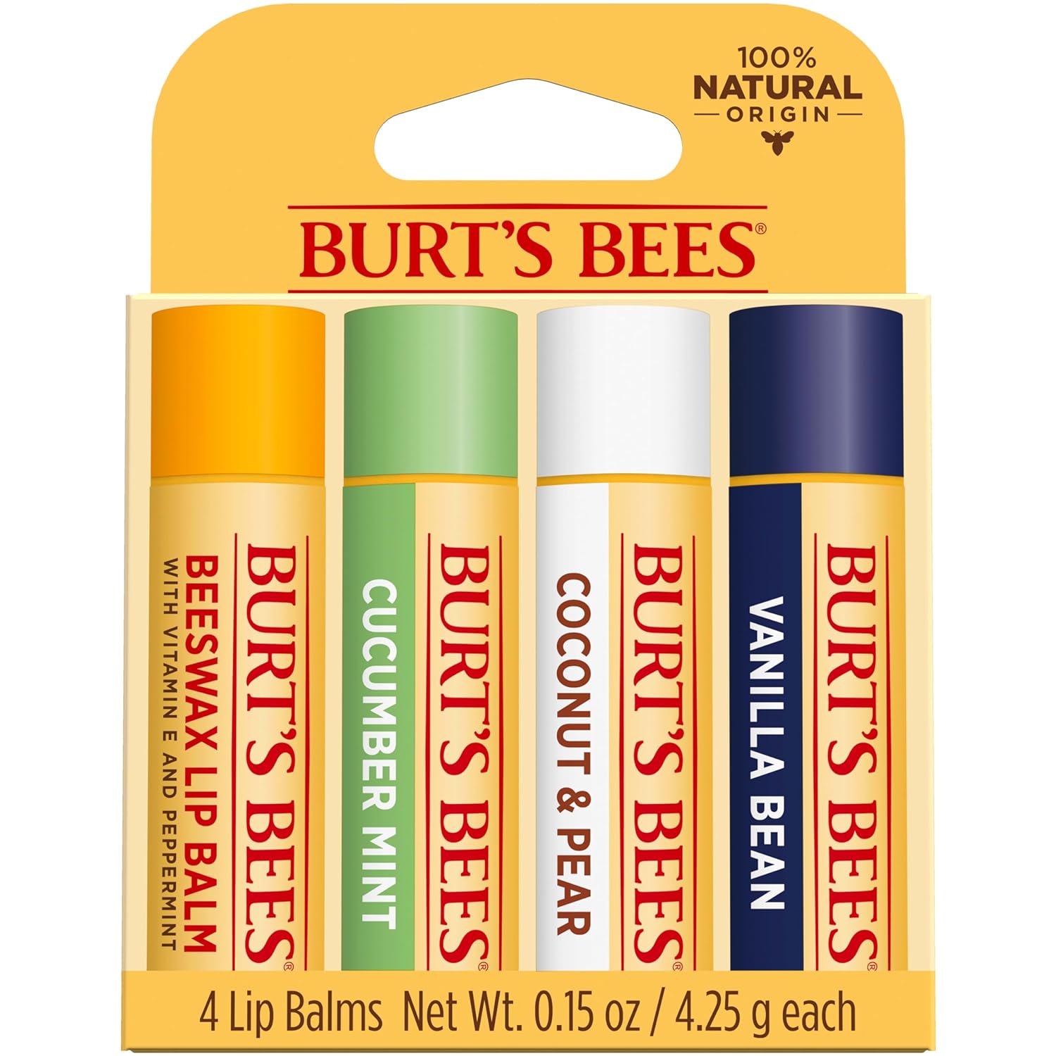 Burt's Bees Lip Balm Mothers Day Gifts for Mom - Beeswax, Cucumber Mint, Coconut & Pear, and Vanilla Bean, With Responsibly Sourced Beeswax, Tint-Free, Natural Origin Lip Treatment, 4 Tubes, 0.15 oz