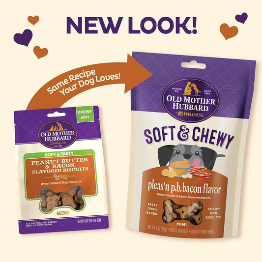 Old Mother Hubbard By Wellness Soft & Chewy Please'N P.B.Bacon Natural Dog Treats, Crunchy Oven-Baked Biscuits, Ideal For Training, Mini Size, 8 Ounce Bag