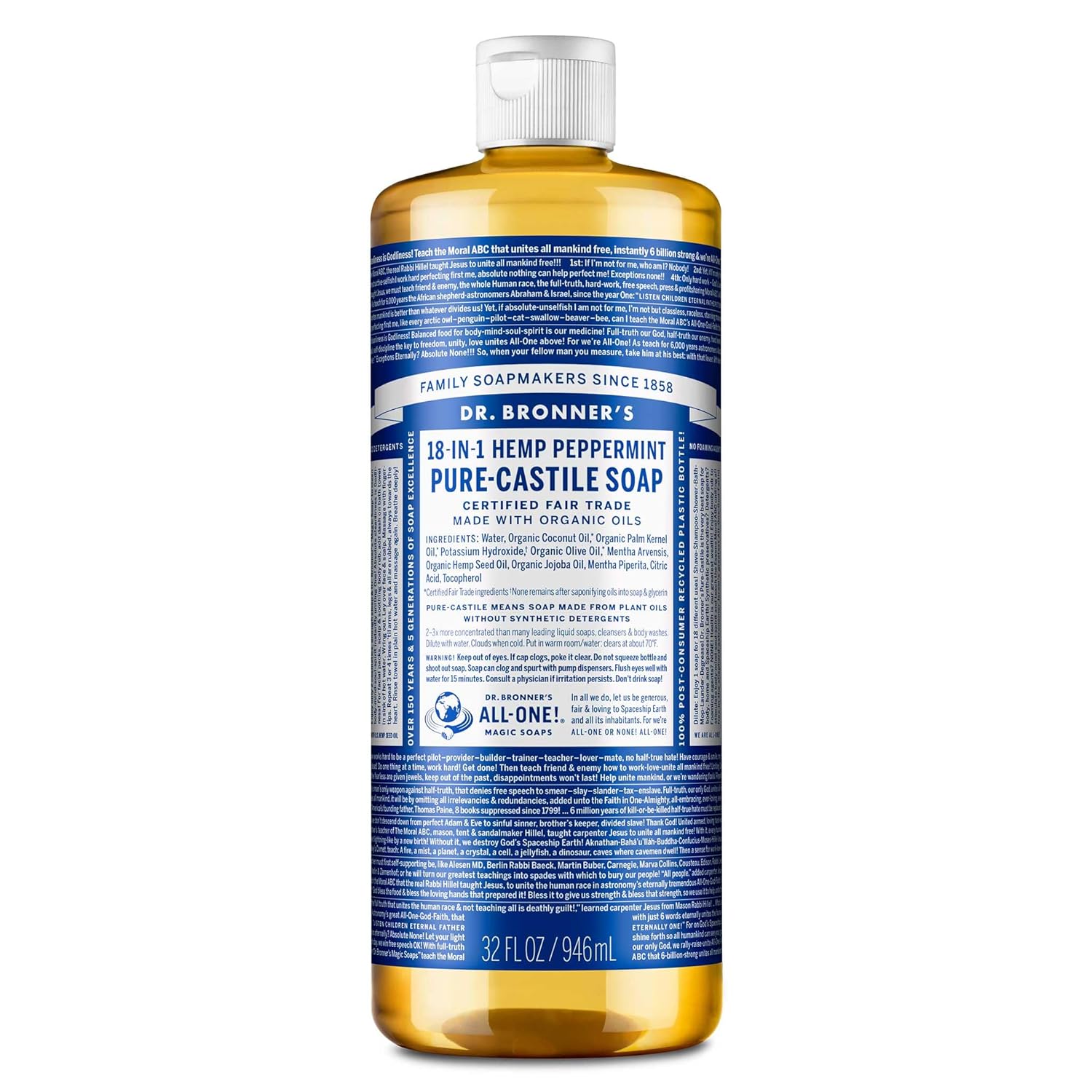 Dr. Bronner'S Pure-Castile Liquid Soap- Made With Regenerative Organic Certified Oils- 18-In-1 Uses For Face, Body, Hand, Hair, Laundry & More- Vegan, Non-Gmo- All Natural Body Wash- Peppermint,32Oz