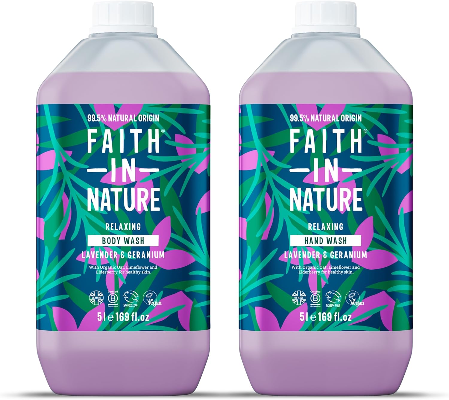 Faith In Nature Natural Lavender & Geranium Hand Wash And Body Wash Set, Vegan & Cruelty Free, No Sls Or Parabens, 2 X 5L Pack