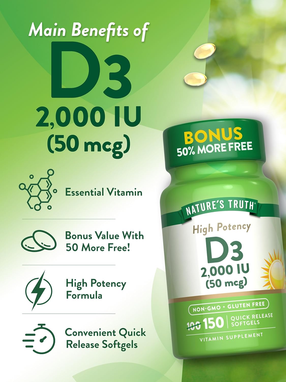 Nature's Truth Vitamin D3 2000 IU Softgels | 150 Count | High Potency | Non-GMO and Gluten Free Supplement : Health & Household