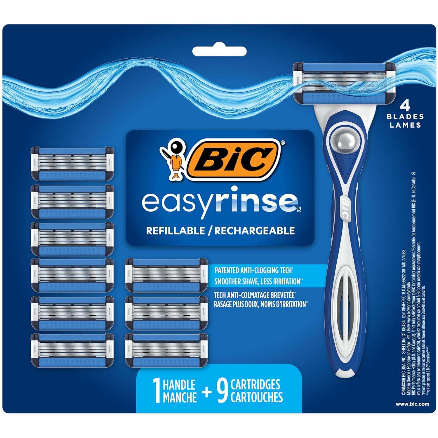 BIC EasyRinse Anti-Clogging, Refillable Men's Razors With 4 Blades, 1 Handle and 9 Refill Razor Cartridges Razor Kit
