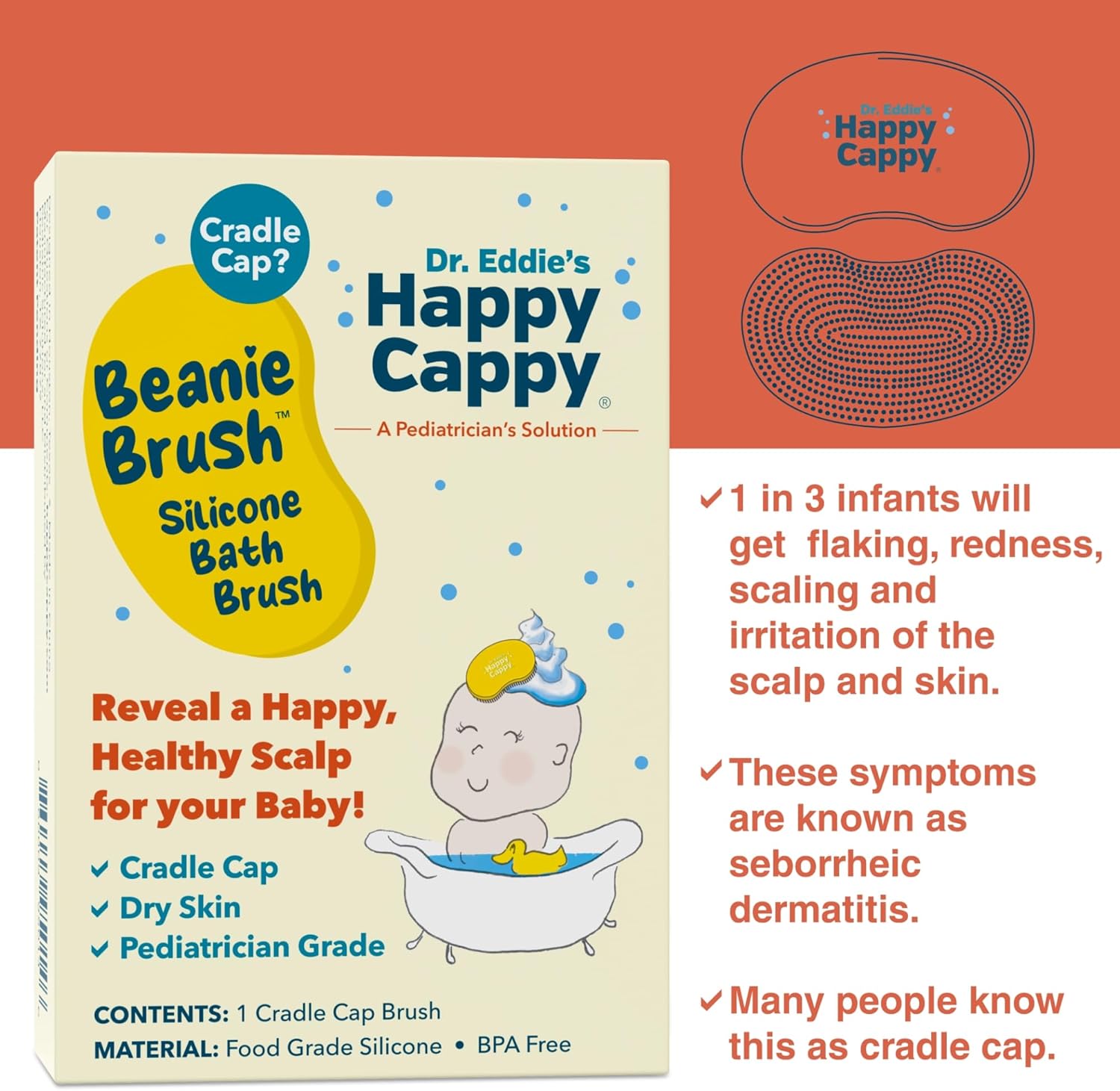 Happy Cappy Beanie Brush - A Pediatrician's Solution for Babies, Soothes Cradle Cap, Dry Skin - Food Grade Silicone Cradle Cap Brush, Gentle, Safe, BPA Free : Baby