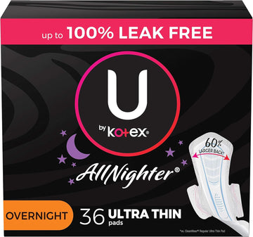 U by Kotex AllNighter Overnight Feminine Pads with Wings, Ultra Thin, 36 Count