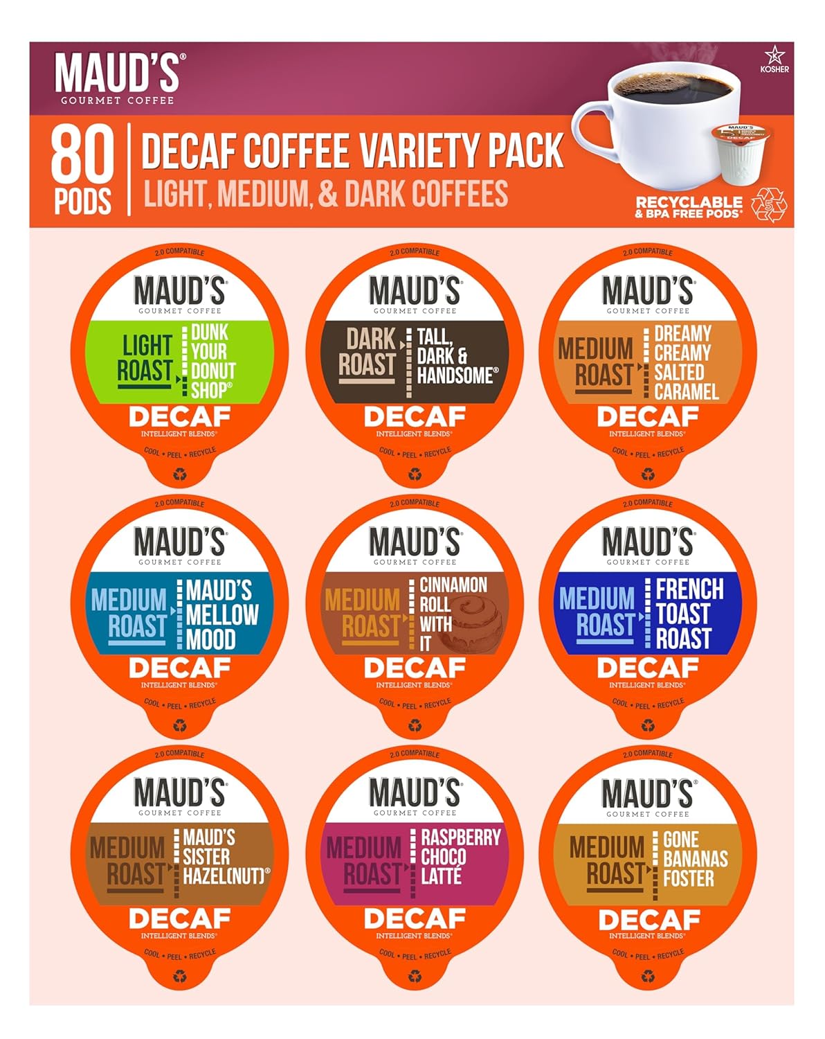 Maud'S Decaf Coffee Pods Variety Pack, 80 Ct, 9 Assorted Roasts & Flavors, Decaffeinated Medium Roast Coffee In Recyclable Single Serve Pods - 100% Arabica Coffee, Compatible With Keurig K Cups Maker