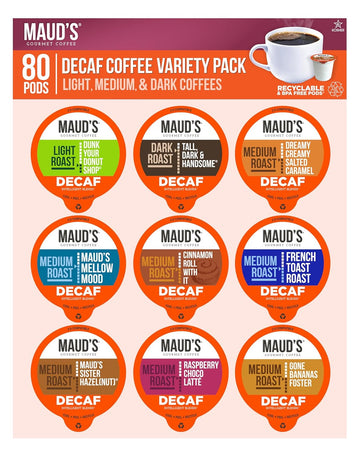 Maud'S Decaf Coffee Pods Variety Pack, 80 Ct, 9 Assorted Roasts & Flavors, Decaffeinated Medium Roast Coffee In Recyclable Single Serve Pods - 100% Arabica Coffee, Compatible With Keurig K Cups Maker