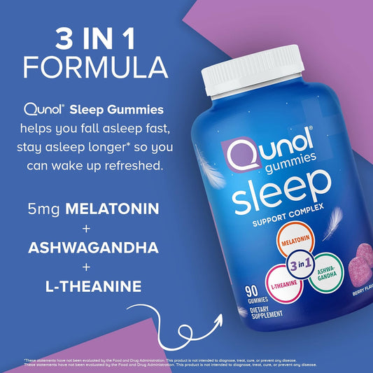 Qunol Sleep Gummies for Adults, 3-in-1 Melatonin Gummies, Sleep Aid Featuring Melatonin 5mg, Ashwagandha and L-Theanine, Fall Asleep Faster and Stay Asleep Longer to Wake Up Refreshed, 90 Count