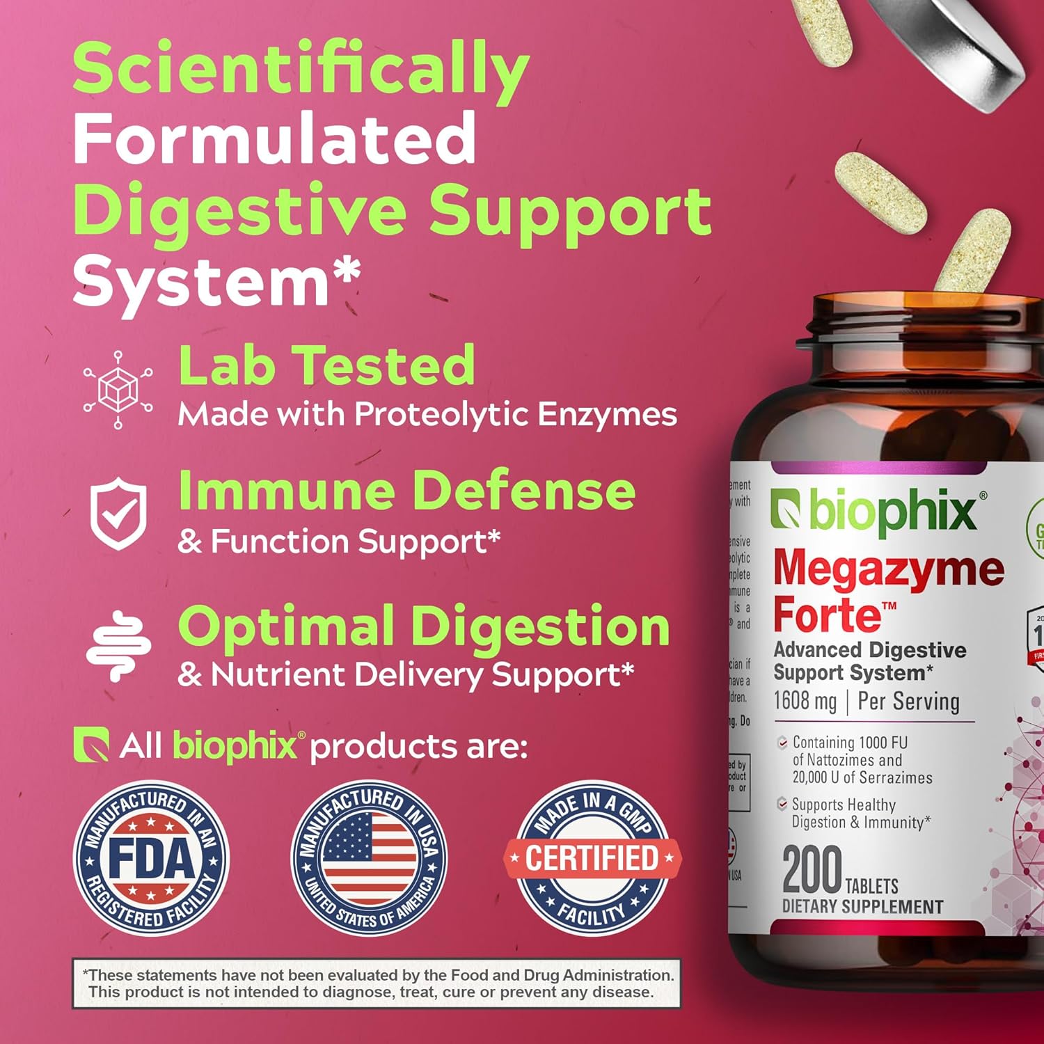 Biophix Megazyme Forte 200 Tablets - Natural Plant Proteolytic Enzymes Nattozimes Serrazimes Supports Digestive System Immune Health : Health & Household