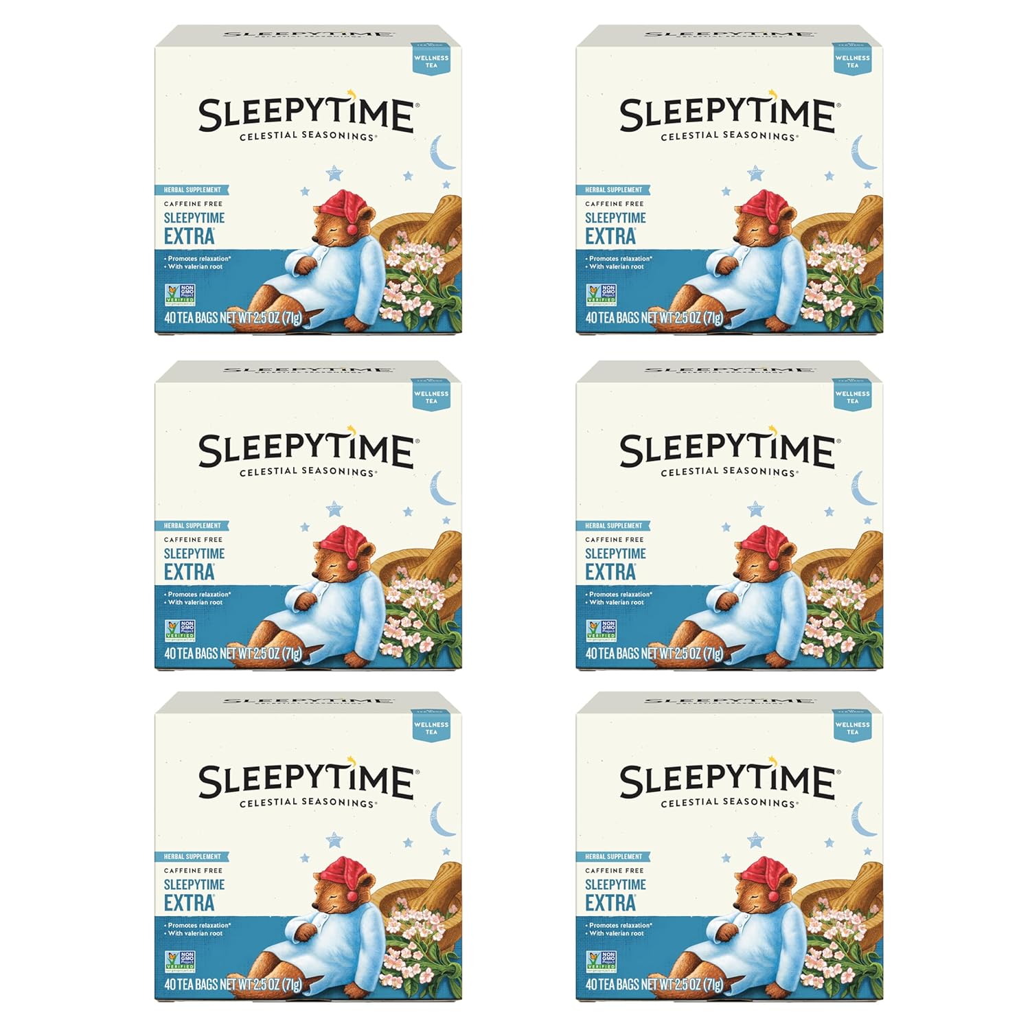 Celestial Seasonings Sleepytime Wellness Extra Tea, Caffeine Free, 40 Tea Bags Box, (Pack Of 6)