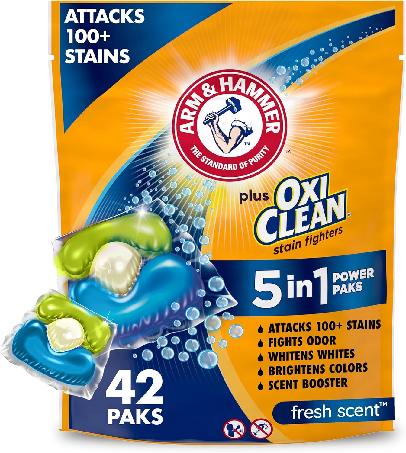 Arm & Hammer Plus Oxiclean 5-In-1 Laundry Detergent Power Paks, 42 Count (Packaging May Vary)