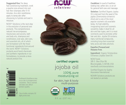 NOW Solutions, Organic Jojoba, Moisturizing Multi-Purpose Oil for Face, Hair and Body, 8-
