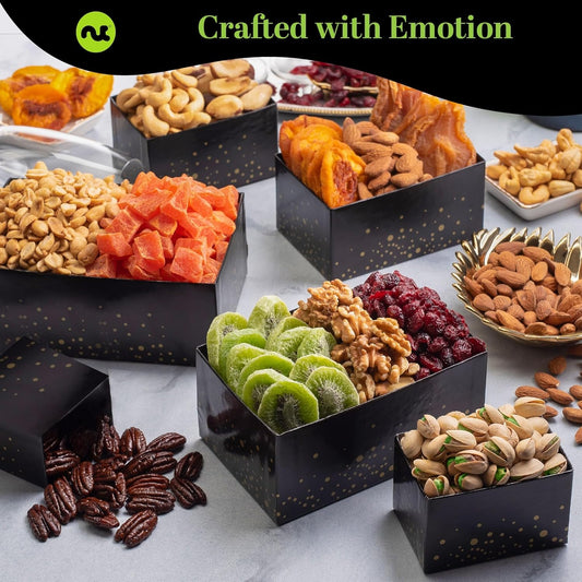 Nut Cravings Gourmet Collection - Dried Fruit & Mixed Nuts Gift Basket Black Tower + Ribbon (12 Assortments) Teacher Appreciation Arrangement Platter Bday Care Package Healthy Kosher