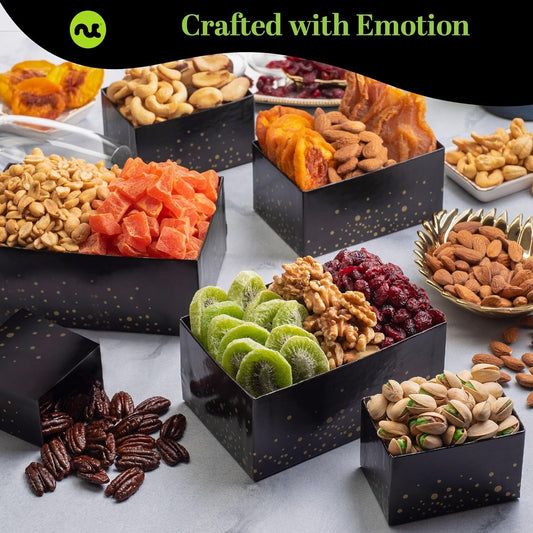 Nut Cravings Gourmet Collection - Mothers Day Mixed Nuts Gift Basket Black Tower + Heart Ribbon (12 Assortments) Arrangement Platter, Birthday Care Package - Healthy Kosher USA Made