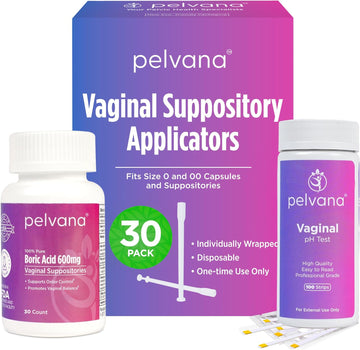 Pelvana Boric Acid Suppositories 30 + 30 Applicators + 100 pH Test Strips = 160 Piece Kit - 100% Pure, Third-Party Tested & Made in The USA