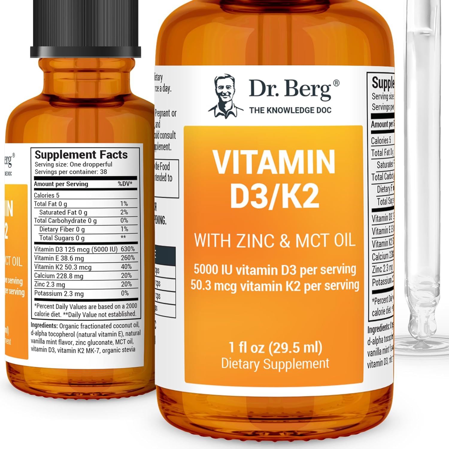 Dr. Berg Liquid Vitamin D3 & K2 Supplement - For Bone, Teeth, Mood & Immune Health - Vitamin D3 & K2 Drops For Adults - 1 Fl Oz