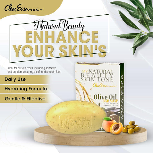 Clear Essence My Natural Beauty Skin Tone Olive Oil Soap - Face And Body Soap For All Skin Types - Hydrates, Moisturizes & Deep Cleans Bar Soap - Flawless Complexion Soap For Dry Skin (6.1 Oz.)