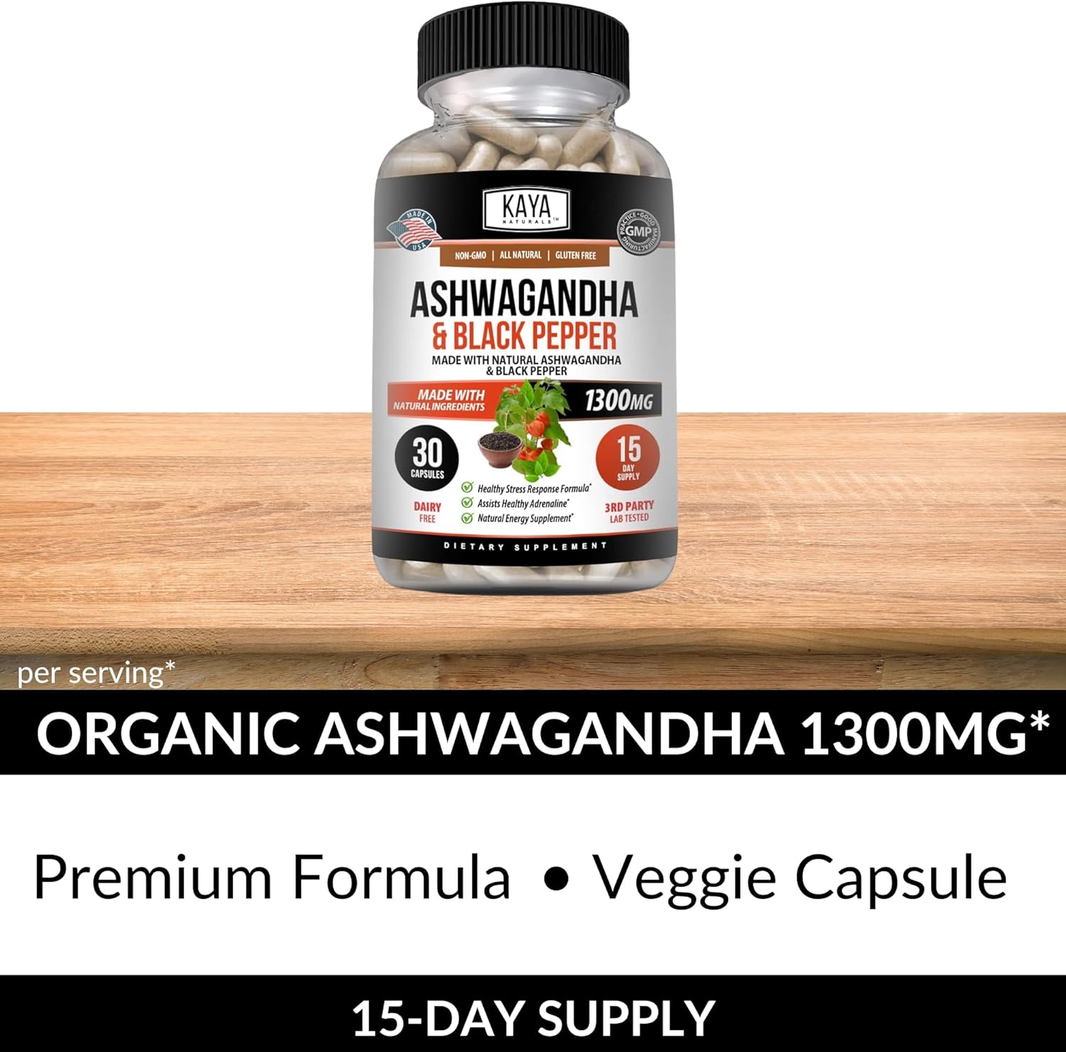 Kaya Naturals Organic Ashwagandha Root with Black Pepper | Maximum Strength 1300mg Adaptogen Supplement, Support Adrenal, Glandular Health, Mood Relief, Focus, Energy & Vitality for Men & Women : Health & Household