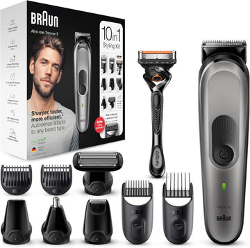 Braun 10-In-1 All-In-One Trimmer Series 7, Male Grooming Kit With Beard Trimmer, Hair Clippers, Nose Trimmer, Gillette Razor, Foil Shaver & Body Groomer, Gifts For Men, Uk 2 Pin Plug, Mgk7221