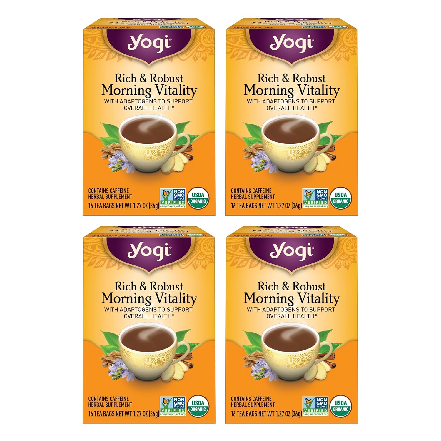 Yogi Tea Rich & Robust Morning Vitality Tea - 16 Tea Bags Per Pack (4 Packs) - Organic Adaptogen Tea Perfect For The Morning - Includes Puerh Tea Leaf, Roasted Chicory Root, Cinnamon Bark & More