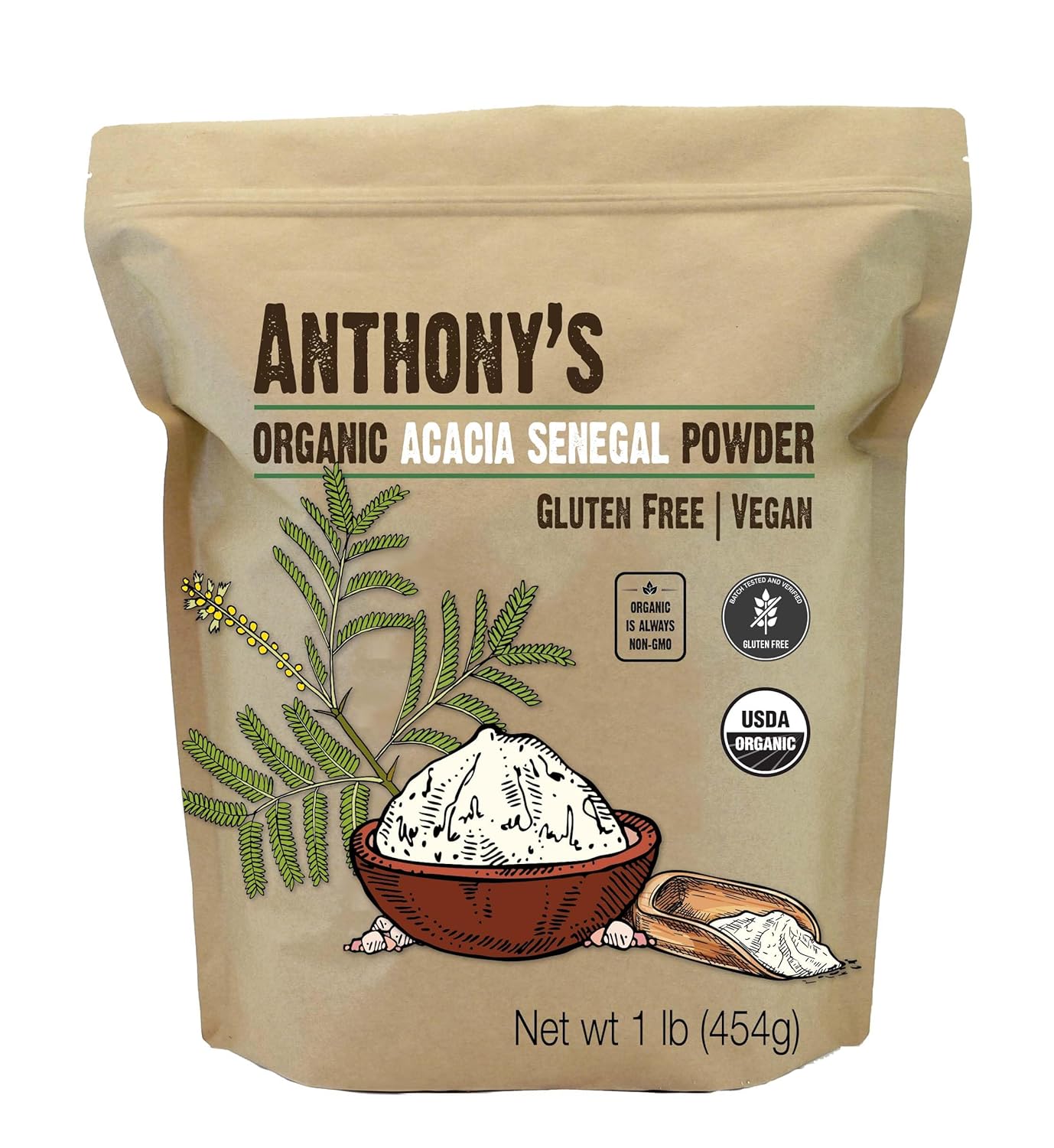 Anthony'S Organic Acacia Senegal Powder, 1 Lb, Batch Tested Gluten Free, Non Gmo, Soluble Fiber, Prebiotic