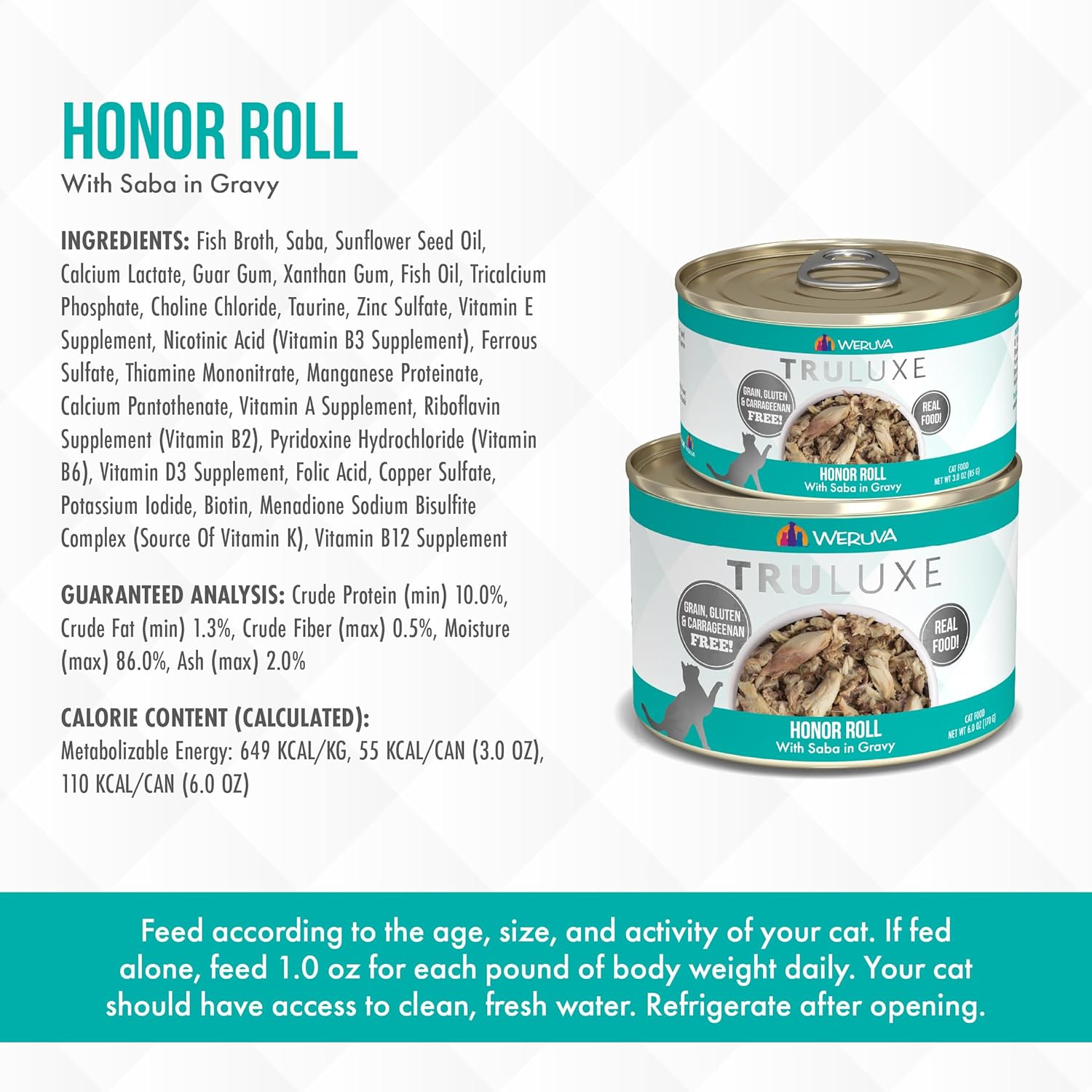 Weruva Truluxe Cat Food, Honor Roll with Wild-Caught Saba in Gravy, 3Oz Can (Pack of 24) : Pet Supplies