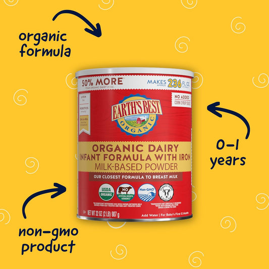 Earth'S Best Organic Baby Formula For Babies 0-12 Months, Powdered Dairy Infant Formula With Iron, Omega-3 Dha, And Omega-6 Ara, 32 Oz Formula Container