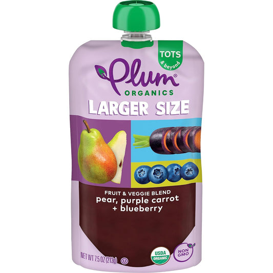 Plum Organics Tots & Beyond Organic Toddler Food - Pear, Purple Carrot, and Blueberry - 7.5 oz Pouch (Pack of 6) - Organic Fruit Toddler Food Pouch