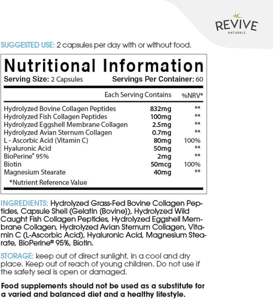 Revive Naturals Multi Collagen Protein Capsules - Types I, Ii, Iii, V & X - Hydrolysed Grass Fed Bovine, Wild Caught Marine & Free-Range Chicken, Made With Hyaluronic Acid & Vitamin C, 120 Caps