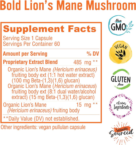 Bold Botanica Lion?s Mane Mushroom Capsules - 100% Fruiting Body ? Concentrated Organic Lion?s Mane Extracts ? Nootropic Brain Health ? Memory, Mood, Immune Support ? 60 Vegan Capsules