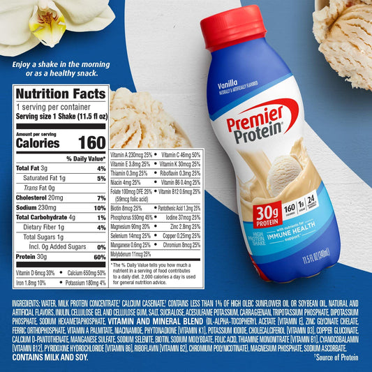 Premier Protein Shake, Cake Batter, 30G Protein, 1G Sugar, 24 Vitamins & Minerals, Nutrients To Support Immune Health, 11.5 Fl Oz, 12 Count
