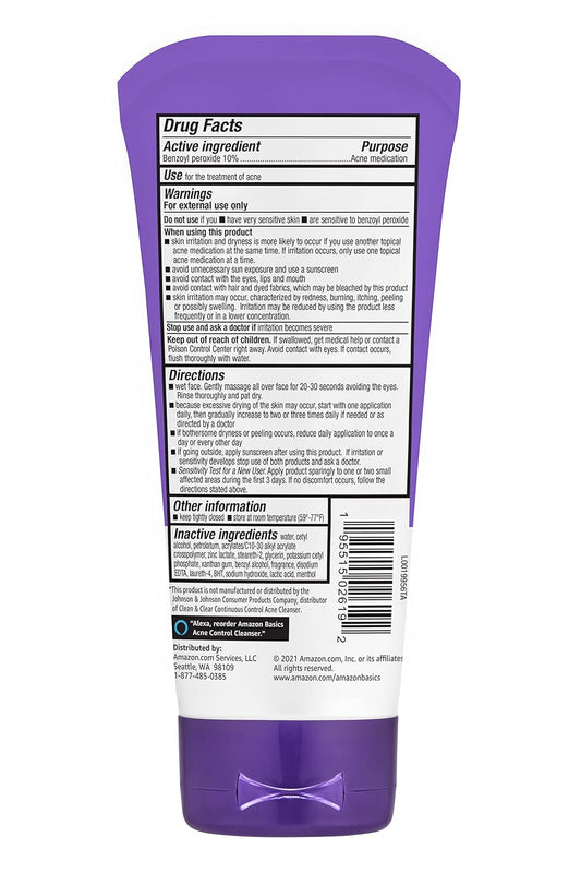 Amazon Basics Daily Acne Control Cleanser, Maximum Strength 10% Benzoyl Peroxide Acne Medication, 5 Ounce