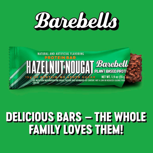 Barebells Vegan Protein Bars Hazelnut & Nougat - 12 Count, 1.9oz Bars - Features Plant Based Protein Bar with 15g of High Protein - Chocolate Protein Snacks with Only 1g of Total Sugars - Ideal for