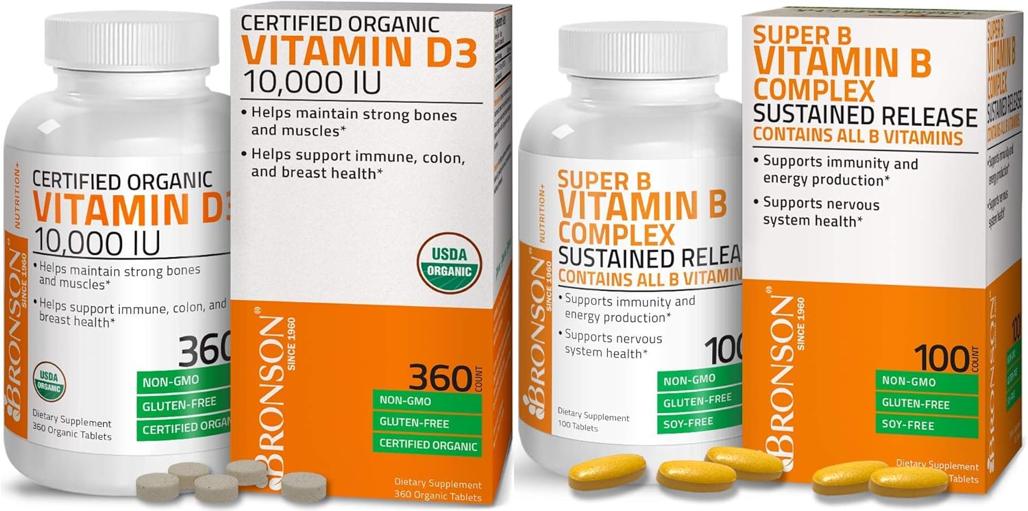 Super B Vitamin B Complex Sustained Slow Release Contains All B Vitamins + High Potency Vitamin D3 10,000 Iu Certified Organic Vitamin D Supplement