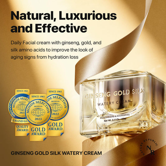 Nature Republic Ginseng Gold Silk Watery Cream 2.11 Oz(60G)-6 Years Korean Ginseng, 99.9% Pure Gold Premium Skin Care, Anti-Aging Moisturizer For Skin, Wrinkle Care With Ginseng Saponins