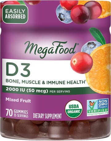 MegaFood Vitamin D3 Gummies 2000 IU (50 mcg) - Vitamin D Gummies Mixed Fruit Flavor, Bone, Muscle & Immune Support Supplement, Vegetarian, Gluten-Free, USDA Organic ? 70 Gummies, 35 Servings