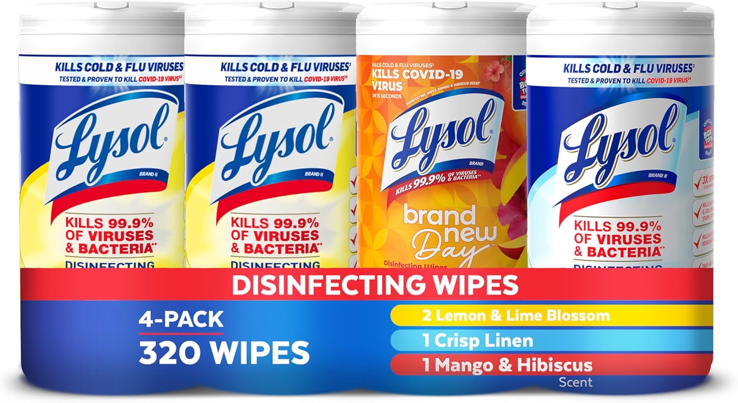 Lysol Disinfectant Wipes Bundle, Multi-Surface Antibacterial Cleaning Wipes, Contains X2 Lemon & Lim Blossom, Crisp Linen, Mango & Hibiscus, Pack Of 4