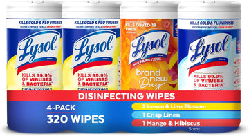 Lysol Disinfectant Wipes Bundle, Multi-Surface Antibacterial Cleaning Wipes, Contains X2 Lemon & Lim Blossom, Crisp Linen, Mango & Hibiscus, Pack Of 4