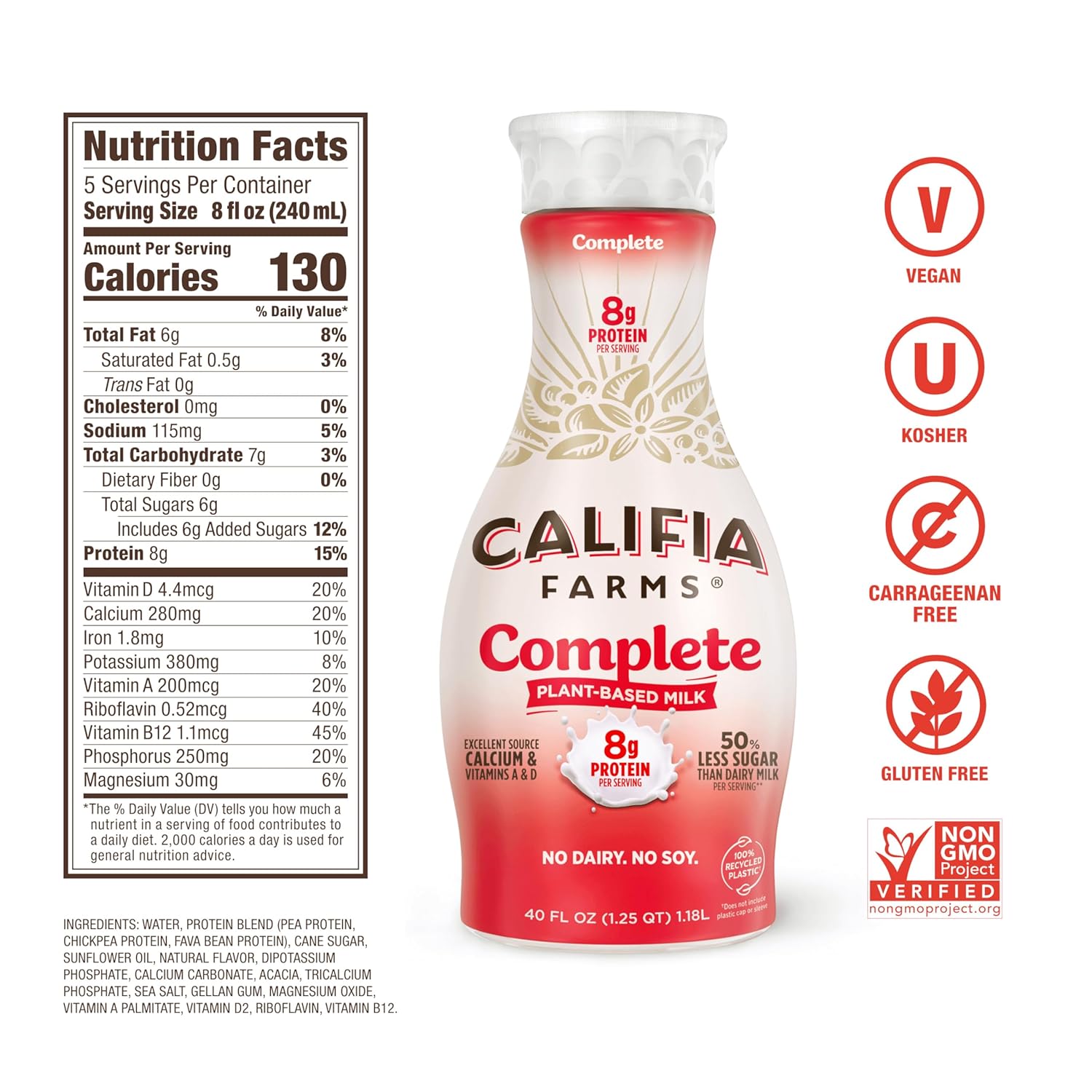 Califia Farms - Complete Plant Based Milk, 40 Oz, Dairy Free, Plant Based, Vegan, Gluten Free, Non Gmo, Pea Protein