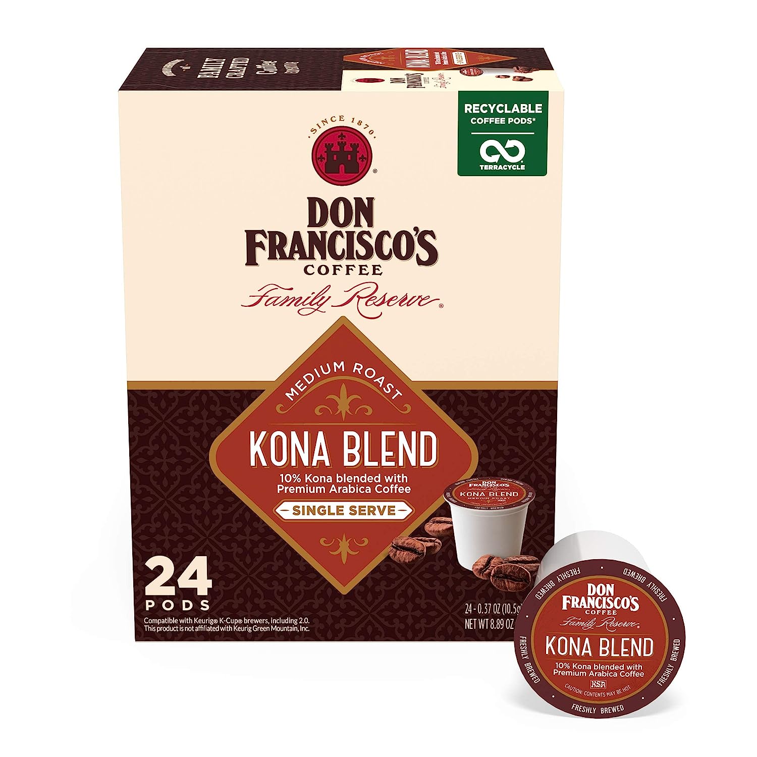 Don Francisco's Kona Blend Medium Roast Coffee Pods - 24 Count - Recyclable Single-Serve Coffee Pods, Compatible with your K- Cup Keurig Coffee Maker