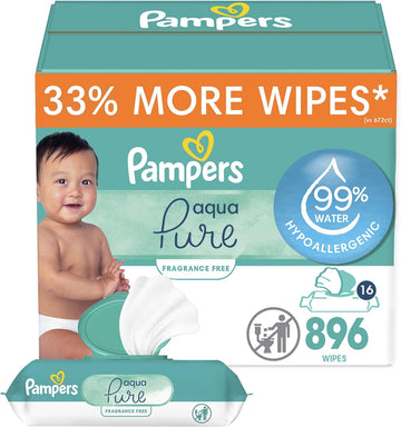Pampers Baby Wipes Aqua Pure, 99% Water-Based Wipes, Hypoallergenic And Unscented Infant Wipe, 896 Total (16 Flip-Top Packs)